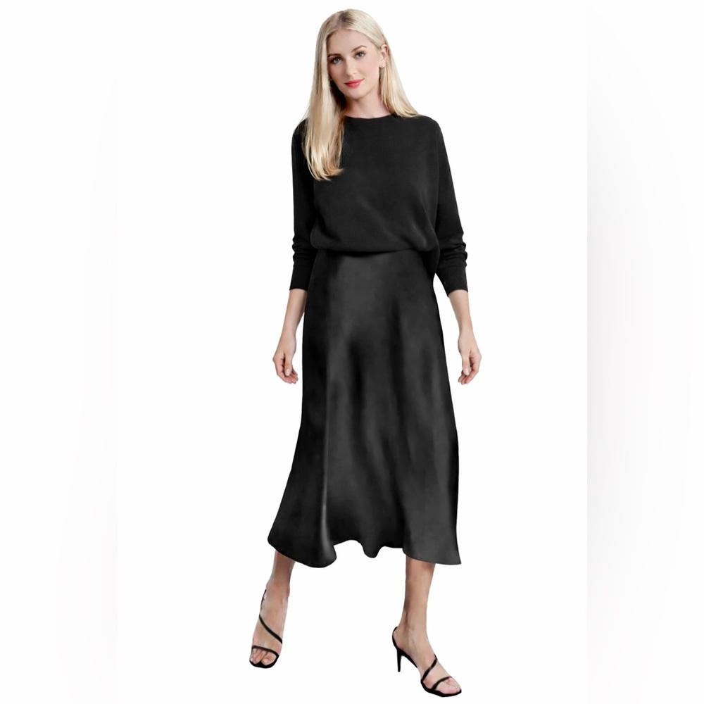 Black Satin Midi Skirt High Waist Minimal Chic Carolyn Bessette-Kennedy Style